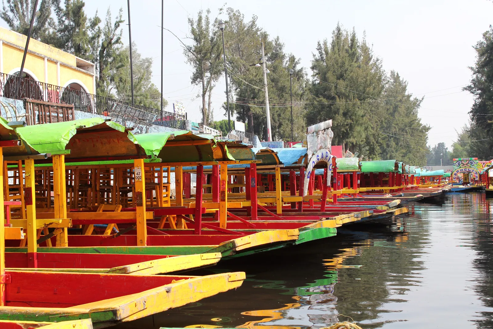 Røde og gule trajineras med grønne kalesjer fortøjet på række ved en anløbsplads i Xochimilco, med træer i baggrunden